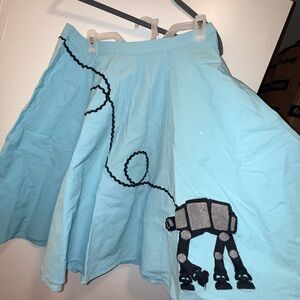 Her Universe Light Blue Novelty A-Line Skirt with Black Embroidered AT-AT